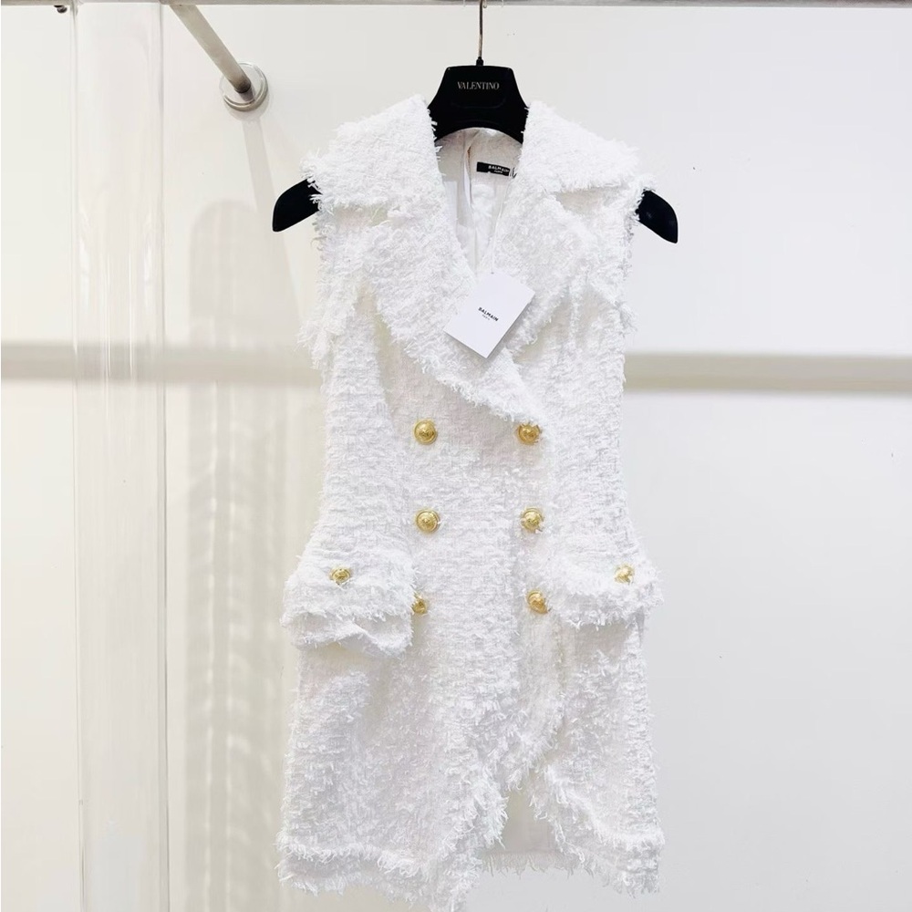 Authentic Balmain White Textured Mini Dress with Gold Buttons